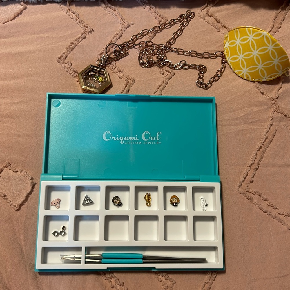 Origami Owl rose gold necklace with charms, and charm organizer (with tweezers)